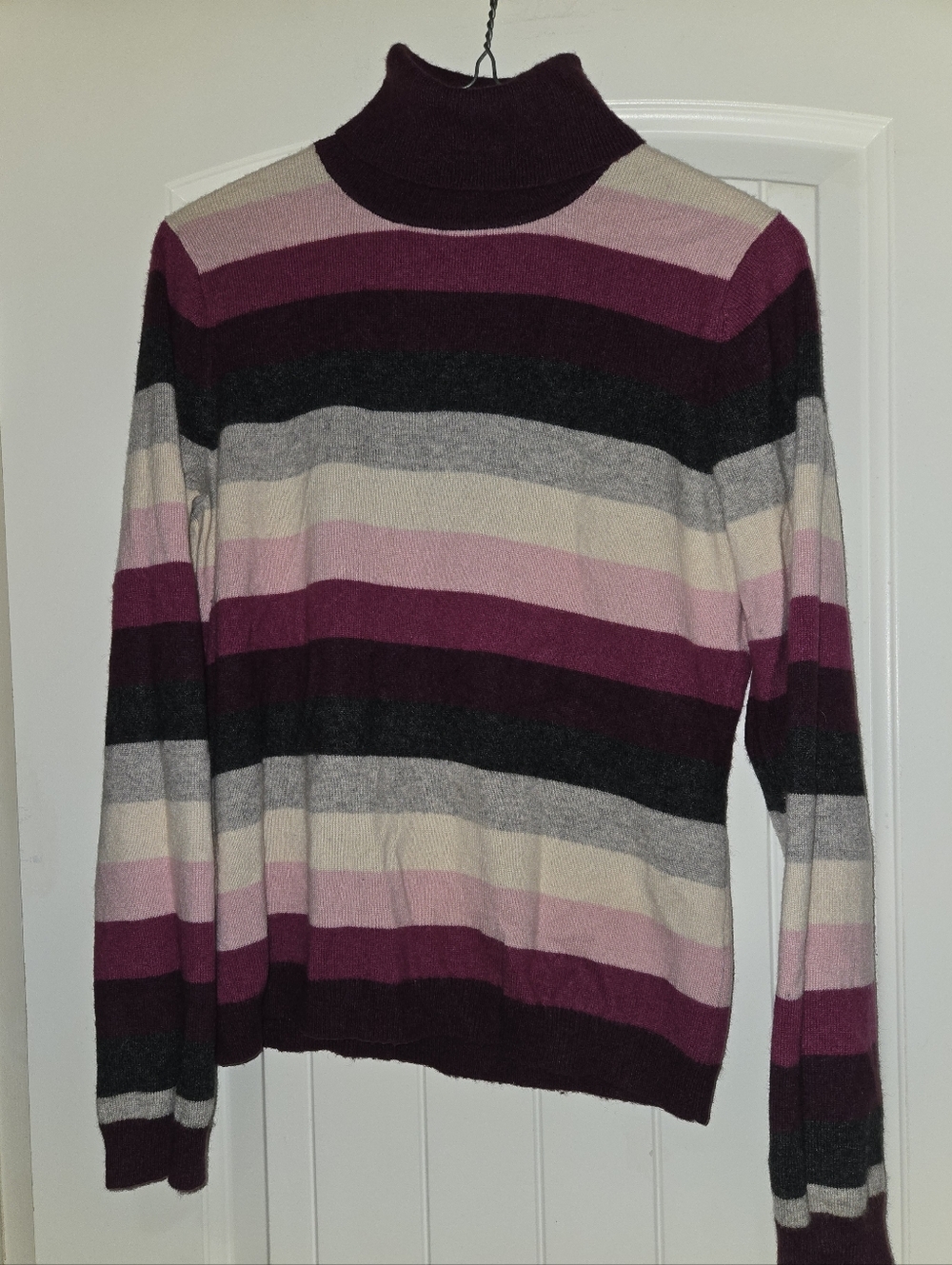 100% Cashmere Striped Turtleneck Sweater in Burgundy, Pink, Heather Gray $ Cream
